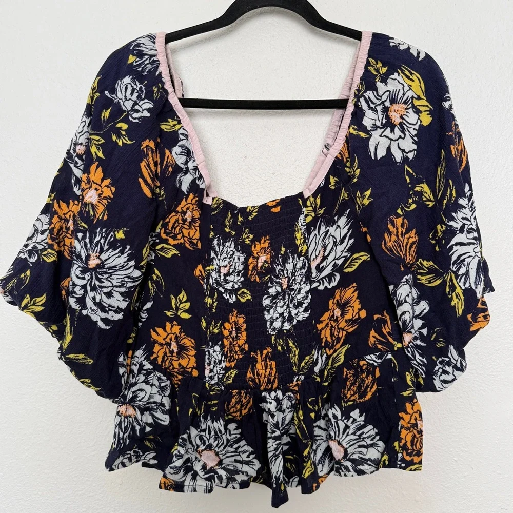 Free People Mirabella Floral Faux Wrap Smocked Puff Sleeve Blouse